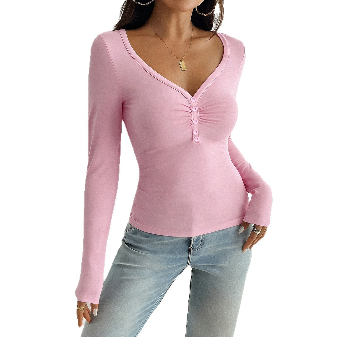 Damen nan tailliertes Langarmshirt mit geraffter Knopfleiste und tiefem V-Ausschnitt EB