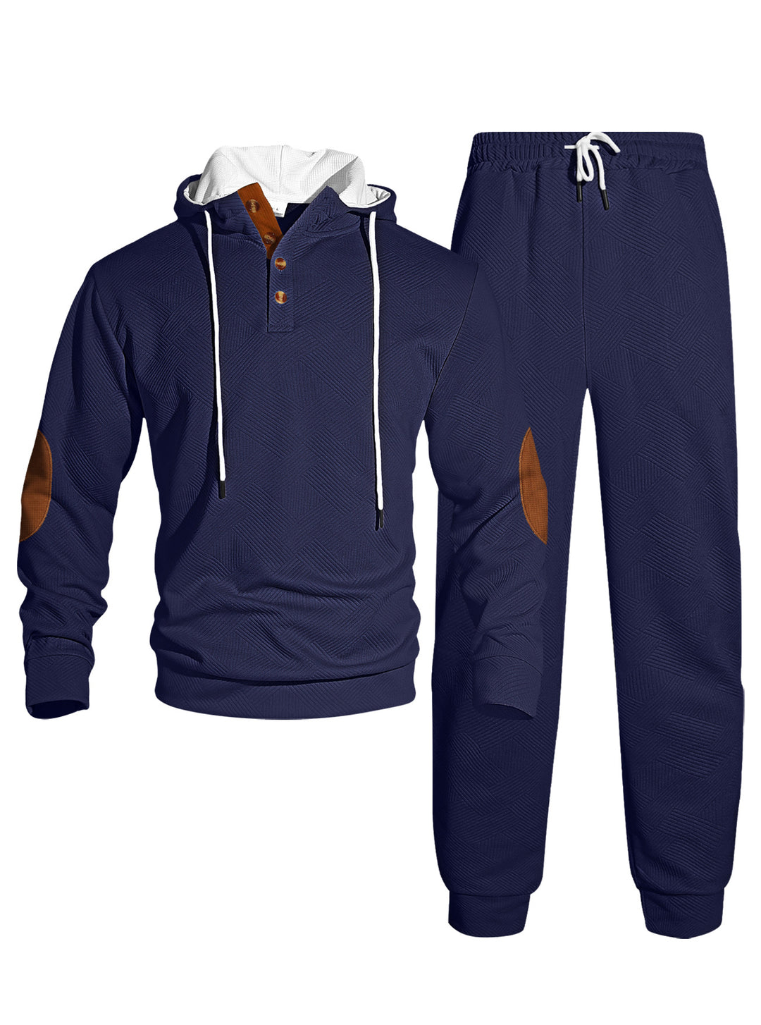 Herren nan Waffelstruktur Henley-Kapuzen-Set mit Holzknopfleiste Ellbogen-Patches und konischer Jogginghose EB