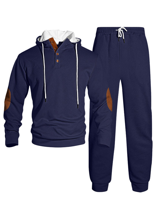 Herren nan Waffelstruktur Henley-Kapuzen-Set mit Holzknopfleiste Ellbogen-Patches und konischer Jogginghose EB