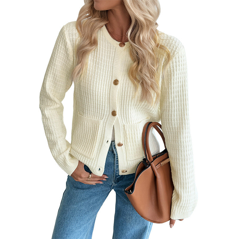 Damen Strukturiertes Feinstrick-Cardigan mit Rundhals, Holzknöpfen und aufgesetzten Taschen EB