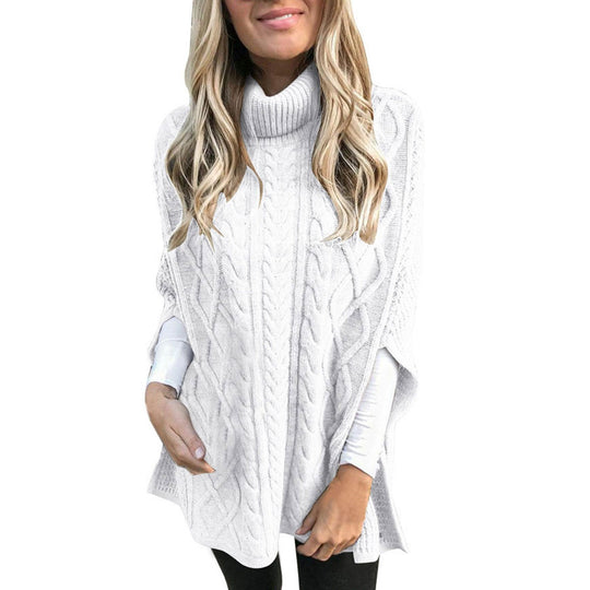 Damen nan kastiger Strickponcho mit hohem Rollkragen, Zopfstruktur und seitlichen Schlitzen EB