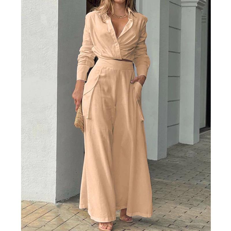 Damen Elegantes und lässiges Zweiteiler-Set mit Crop-Top und weitem Palazzo-Hosen EB