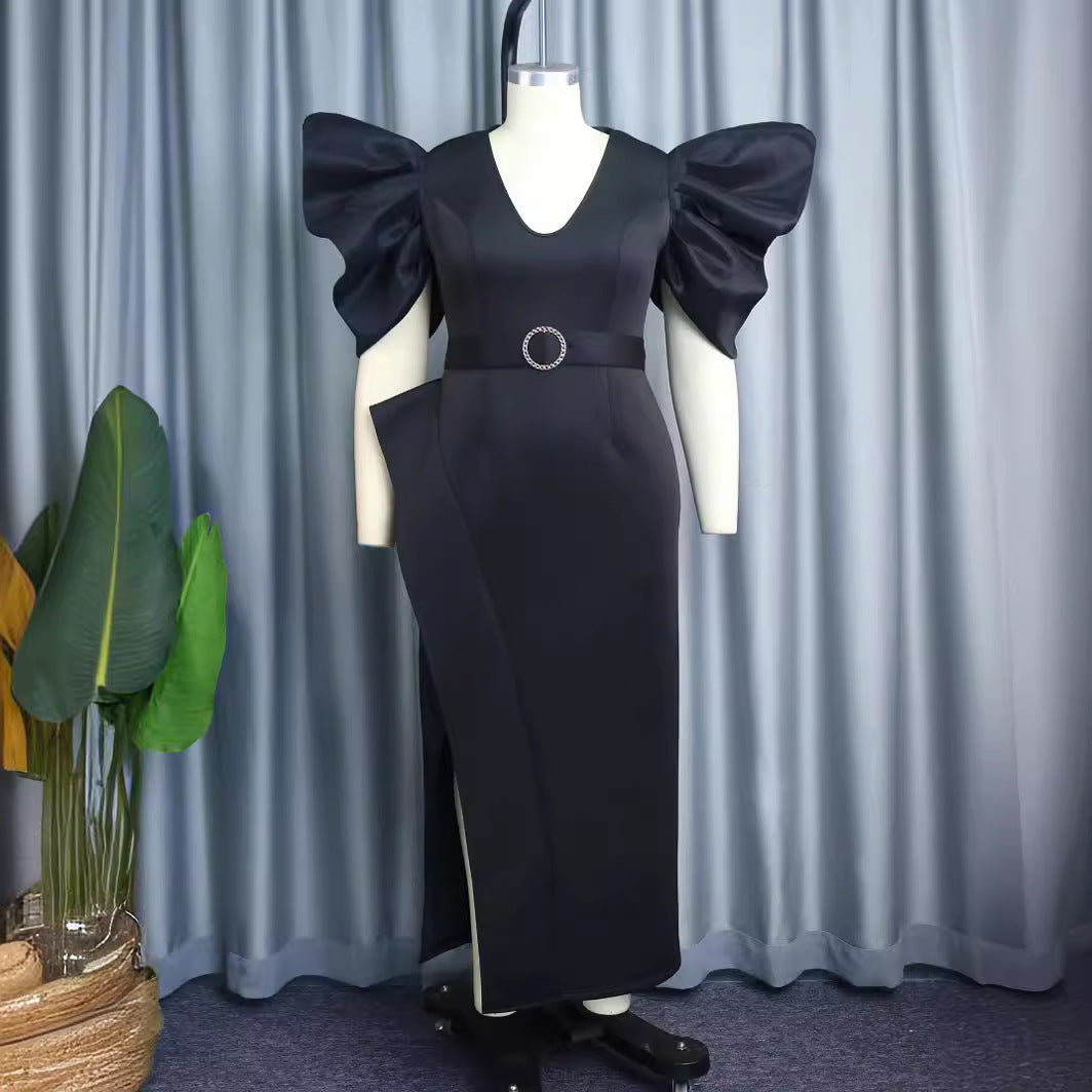 Damen Elegantes Abendkleid mit voluminösen Puffärmeln und einem stilvollen Gürtel EB