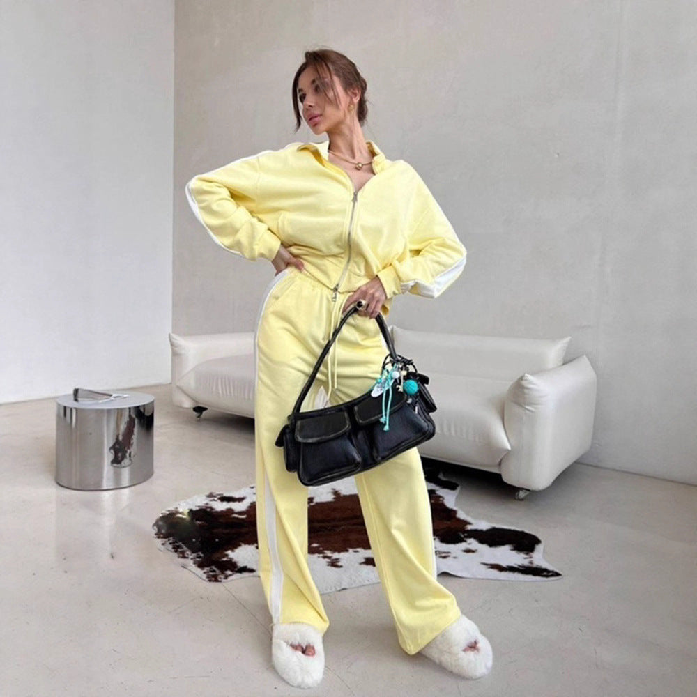 Damen Relaxed-Loungewear-Set mit kurzem Zip-Hoodie und weiter Palazzo-Jogginghose mit Seitenpaspel EB