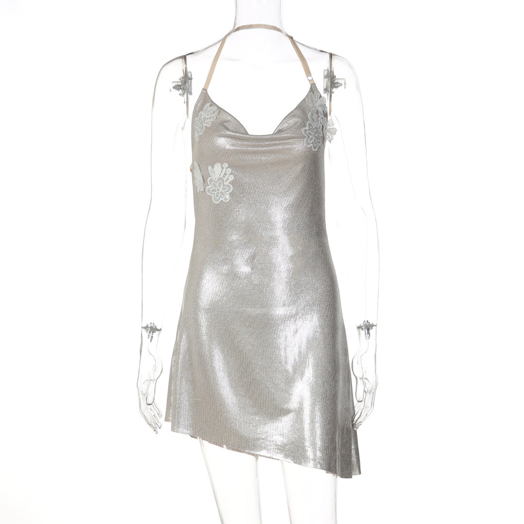 Damen glänzendes Cocktailkleid mit Spaghetti-Trägern und zarten Spitzenapplikationen EB