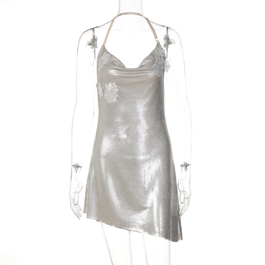 Damen glänzendes Cocktailkleid mit Spaghetti-Trägern und zarten Spitzenapplikationen EB
