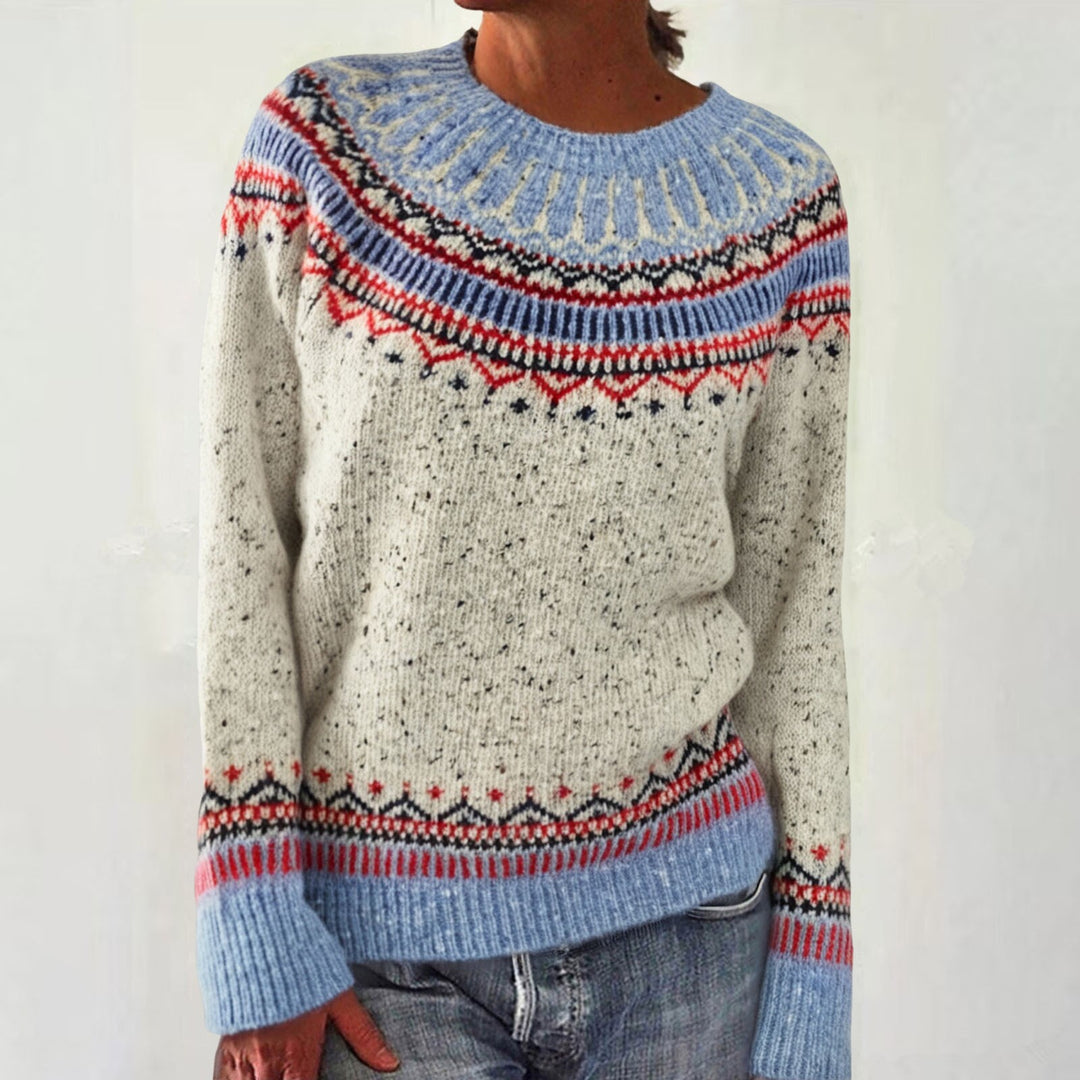 Damen nan melierter Rundhalsausschnittpullover mit kreisförmigem Jacquard-Yoke und geripptem Saum EB