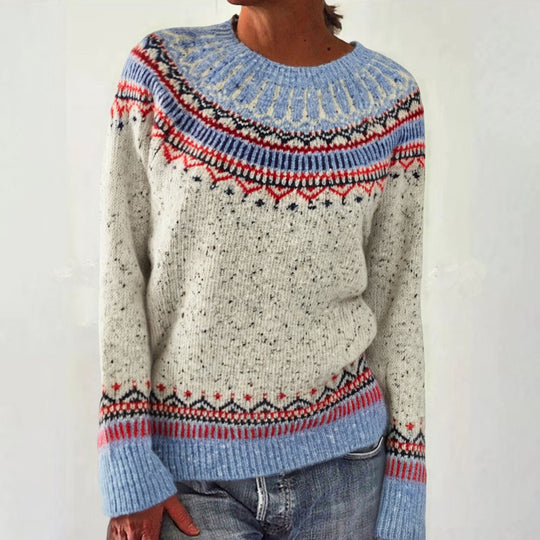 Damen nan melierter Rundhalsausschnittpullover mit kreisförmigem Jacquard-Yoke und geripptem Saum EB