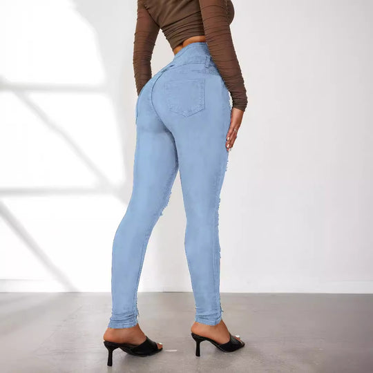 Damen High-Waist Jeans mit modischen Riss- und Knopfdetails EB