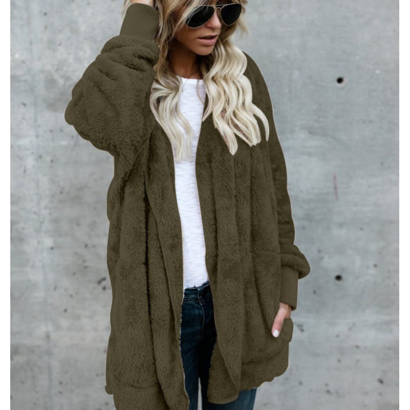 Damen Oversize Teddy‑Fleece‑Mantel mit offener Front, Eingrifftaschen und Rippbündchen EB