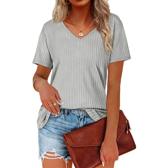 Damen Viskose T-Shirt mit feinem Rippstrickmuster und lässigem V-Ausschnitt EB