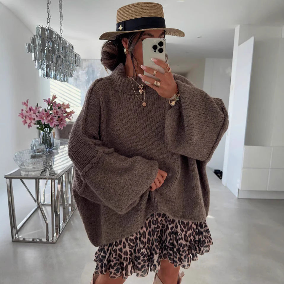 Damen lässiger Oversize Pullover mit hohen Ärmeln und unkonventionellem Schnitt EB