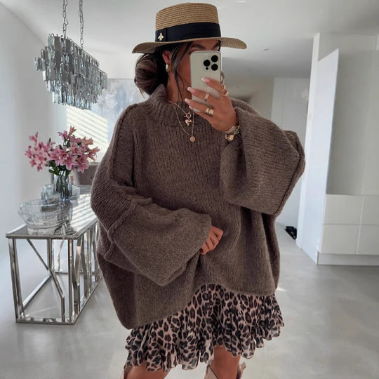 Damen lässiger Oversize Pullover mit hohen Ärmeln und unkonventionellem Schnitt EB