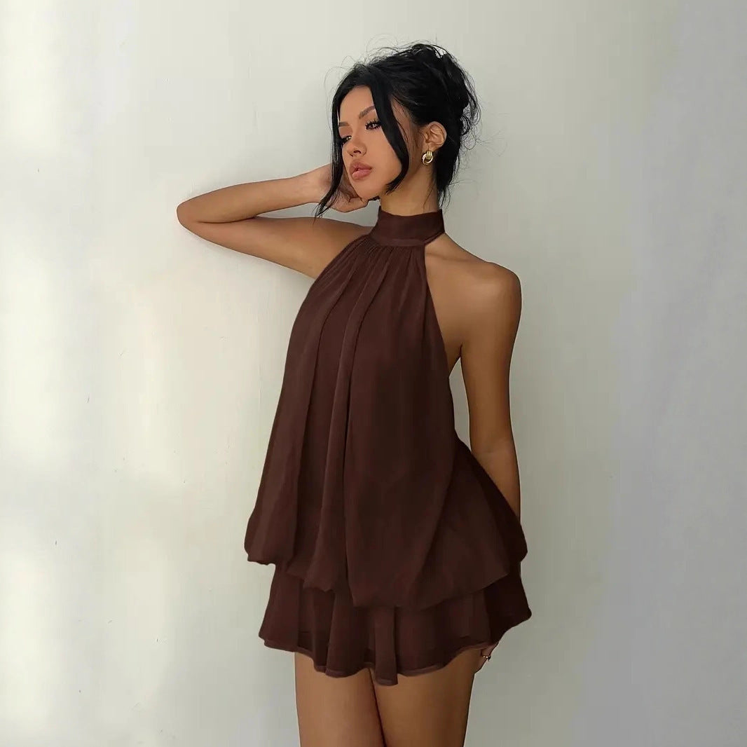 Damen lässiges Trägerkleid mit hochgeschlossenem Design und gerafftem Saum EB