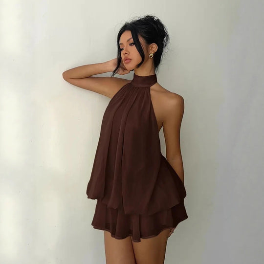 Damen lässiges Trägerkleid mit hochgeschlossenem Design und gerafftem Saum EB