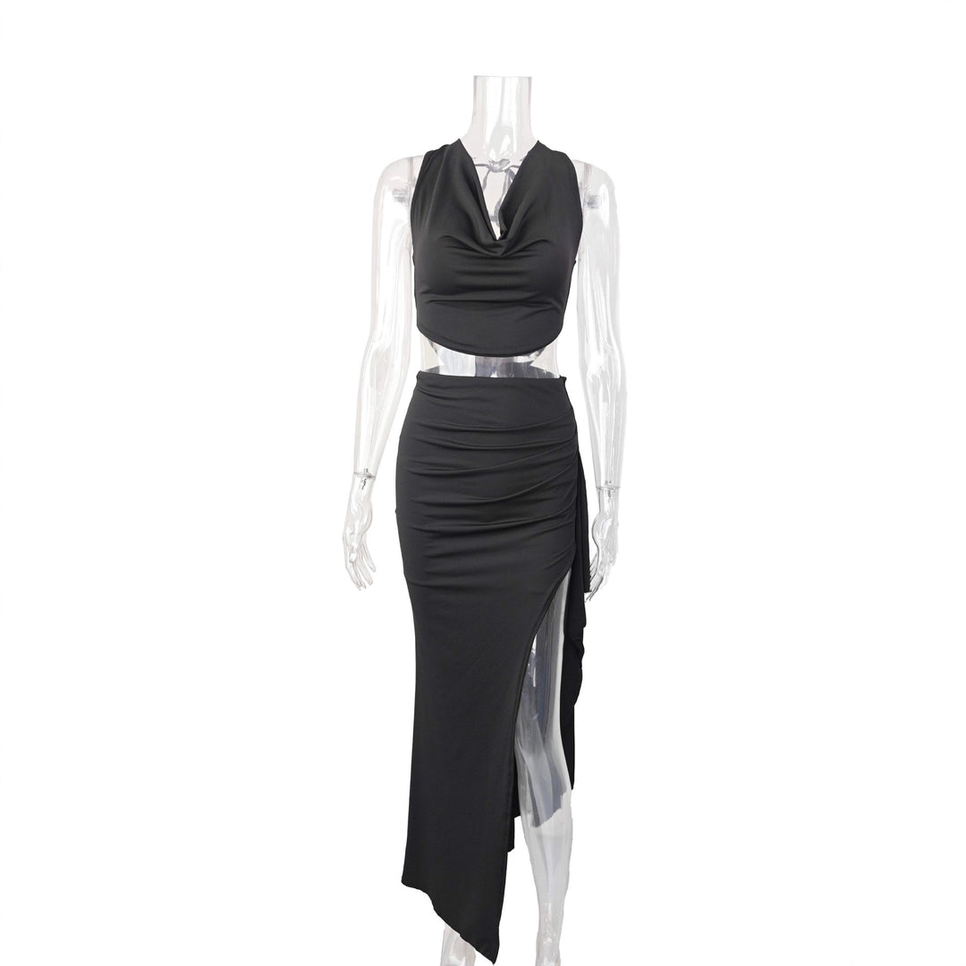 Damen Elegantes Crop-Top und Maxi-Rock Set mit hohem Schlitz EB