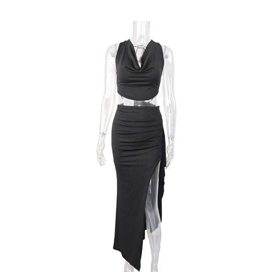 Damen Elegantes Crop-Top und Maxi-Rock Set mit hohem Schlitz EB