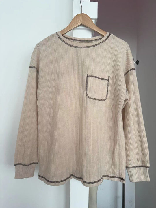Damen Bequemer Langarm-Shirt mit Rippenstruktur und Brusttasche EB