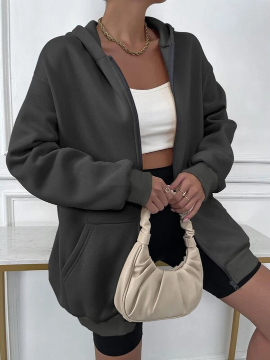 Damen nan oversized Zip-Hoodie mit verlängertem Saum weichem Fleece-Innenfutter und Kängurutaschen EB