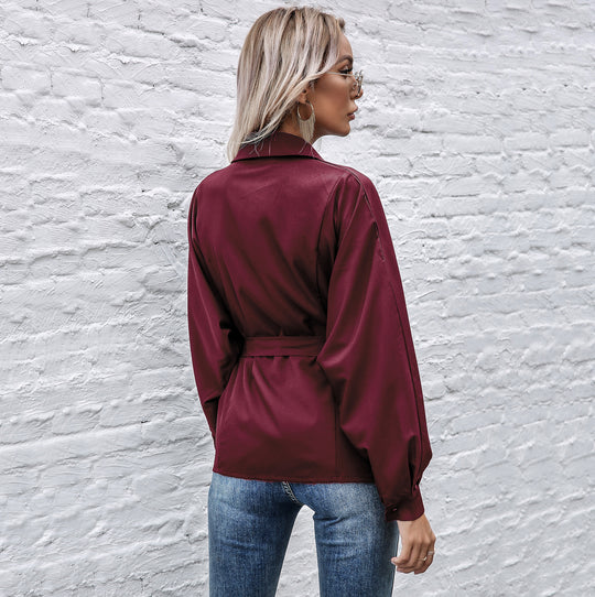 Damen Elegantes Hemdblusenshirt mit Taillengürtel und hochwertigem Satin Material EB