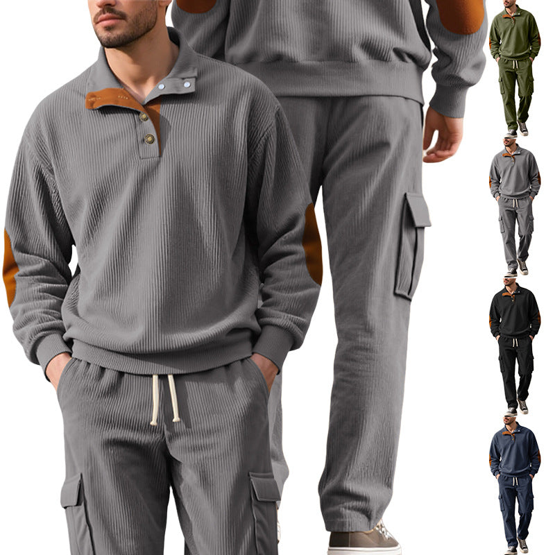 Herren nan strukturierter Troyer-Pullover mit Stehkragen Druckknopfleiste und Velours-Ellenbogenpatch EB
