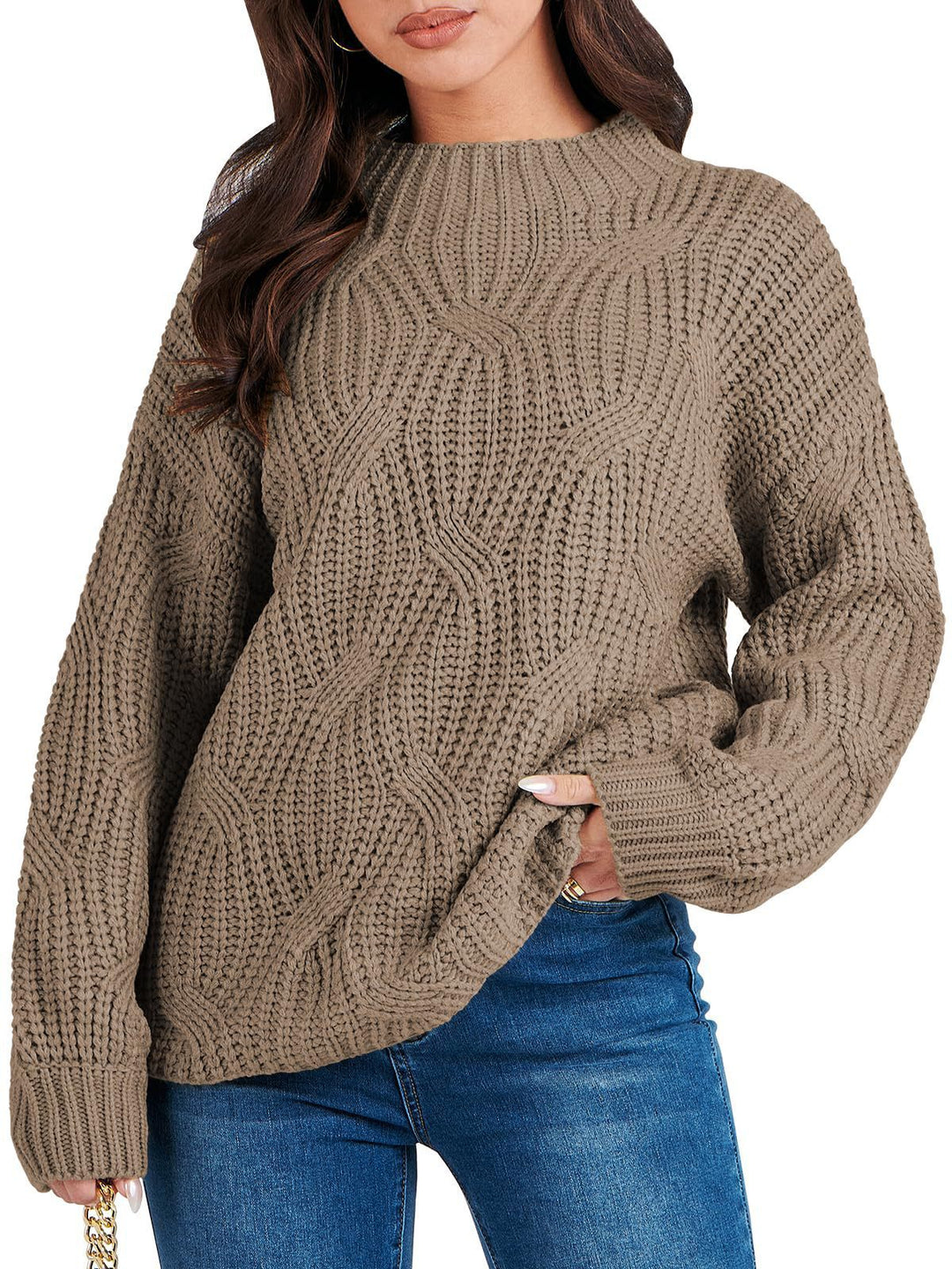 Damen Grobstrickpullover mit extravagantem Wellenmuster und hohem Kragen EB