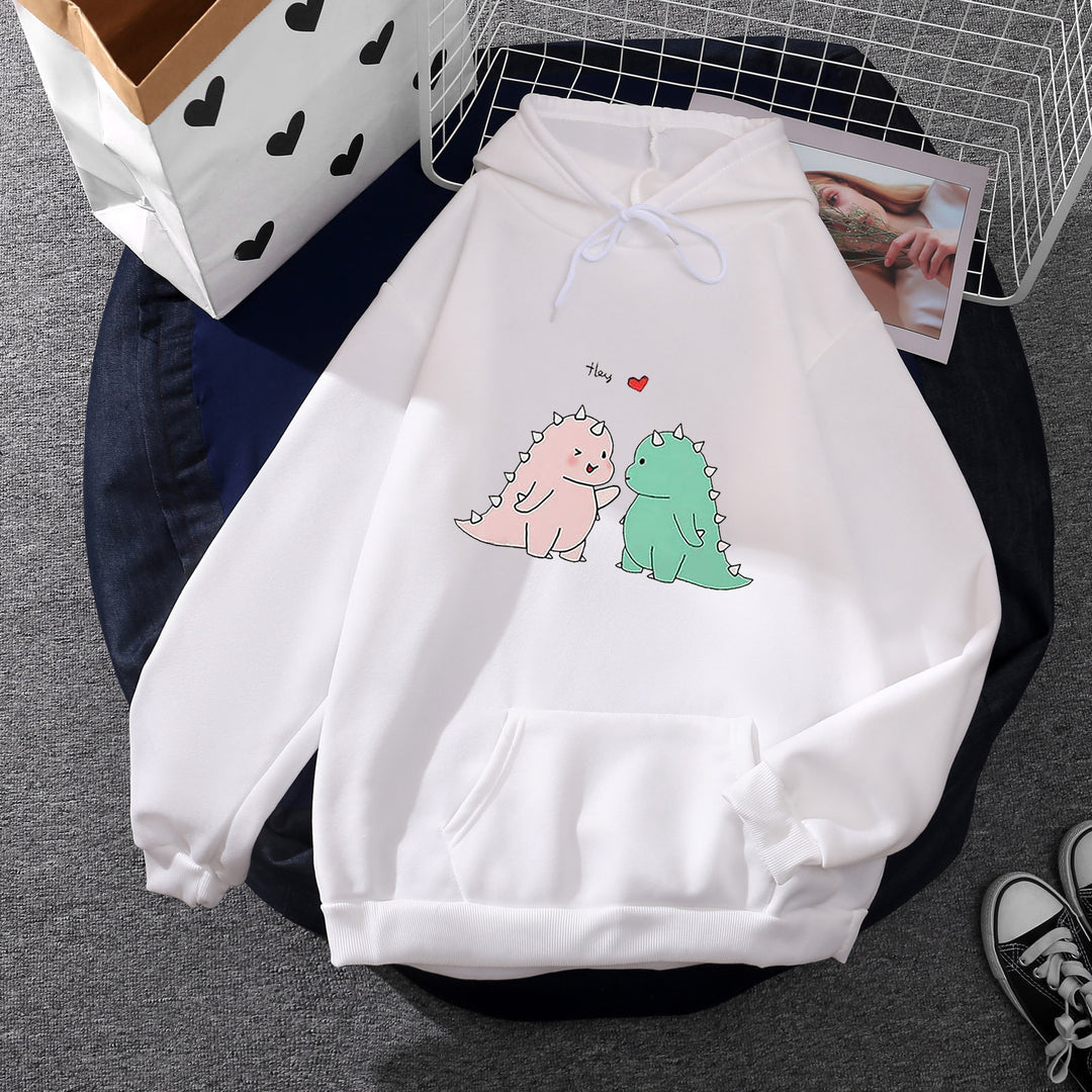 Damen nan Kapuzenpullover mit niedlicher Dinosaurierpärchen‑Illustration, Oversize‑Schnitt und Kängurutasche EB
