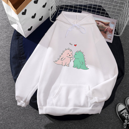 Damen nan Kapuzenpullover mit niedlicher Dinosaurierpärchen‑Illustration, Oversize‑Schnitt und Kängurutasche EB