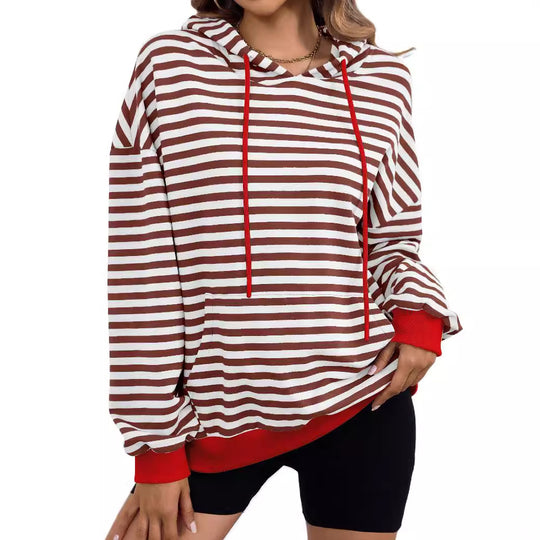 Damen lässiger Kapuzenpullover mit buntem Streifenmuster EB
