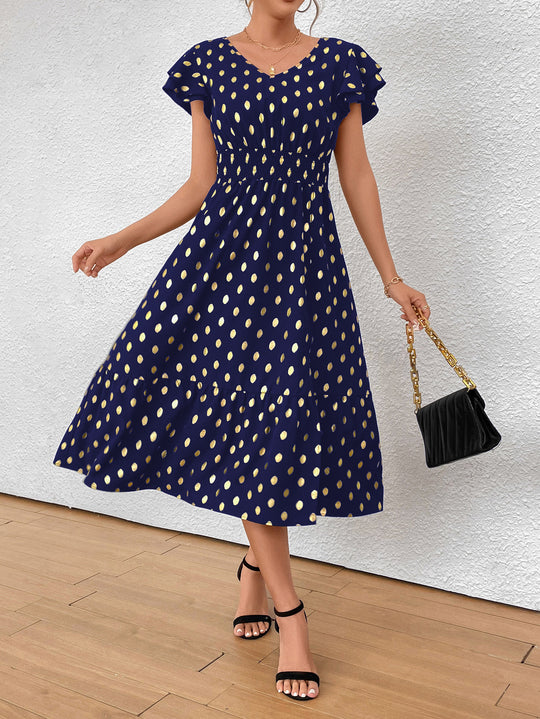 Damen Maxikleid mit Rüschendetails und schimmerndem Punktmuster EB