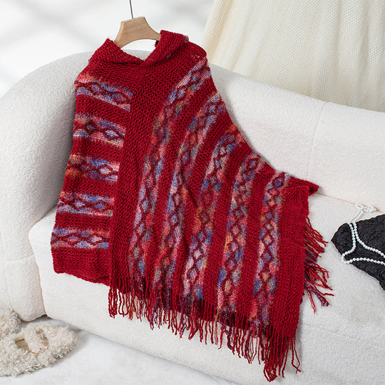 Damen Strickponcho mit Kapuze und fransigem Design EB