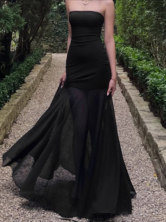 Damen Strapless Maxikleid mit fließendem Rock EB