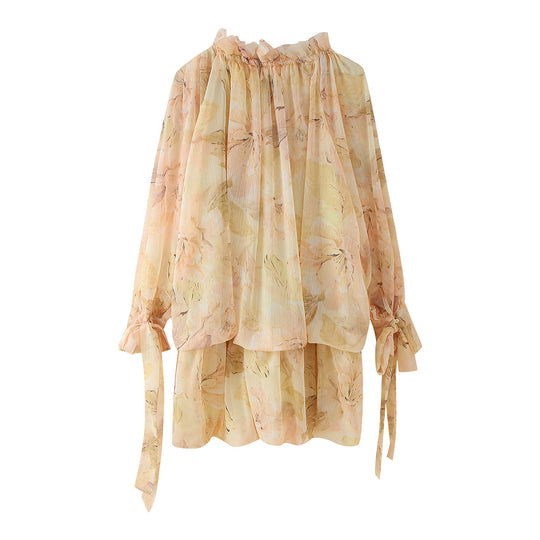 Damen Chiffonbluse mit floralem Design und voluminösen Ärmeln EB