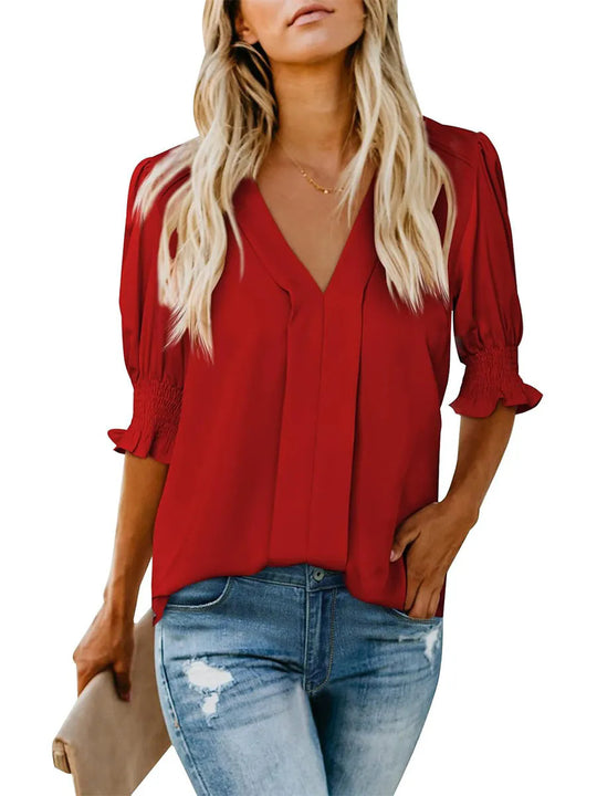 Damen elegantes V-Ausschnitt Bluse mit Rüschenärmeln und dekorativen Falten EB
