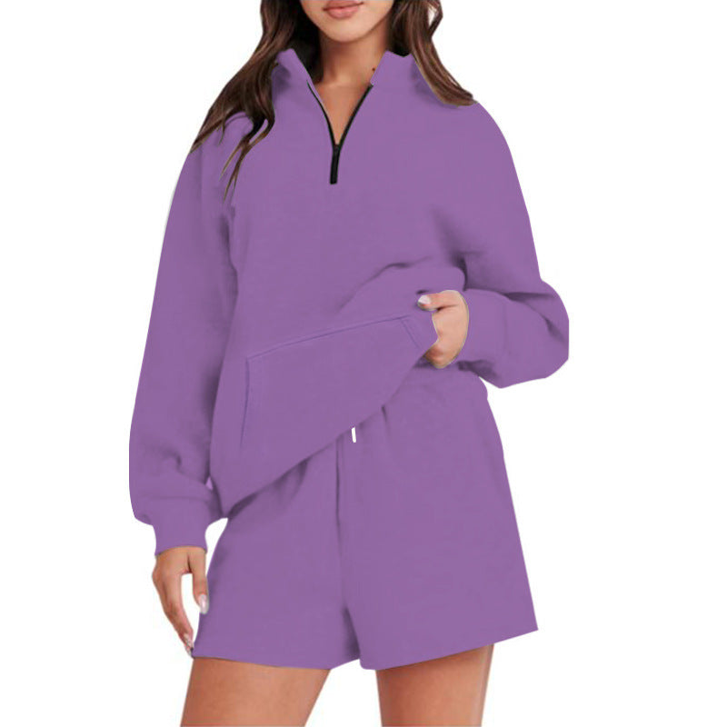 Damen Lässiger Sweatshirt-Set mit hochschließendem Kragen und kurzen Shorts EB
