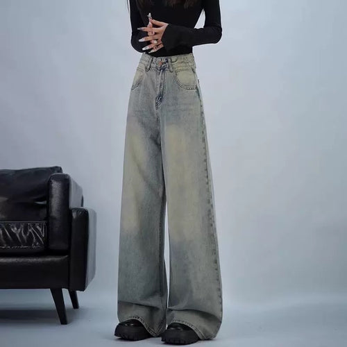 Damen trendige Baggy-Jeans mit hohem Bund und weiten Beinen EB