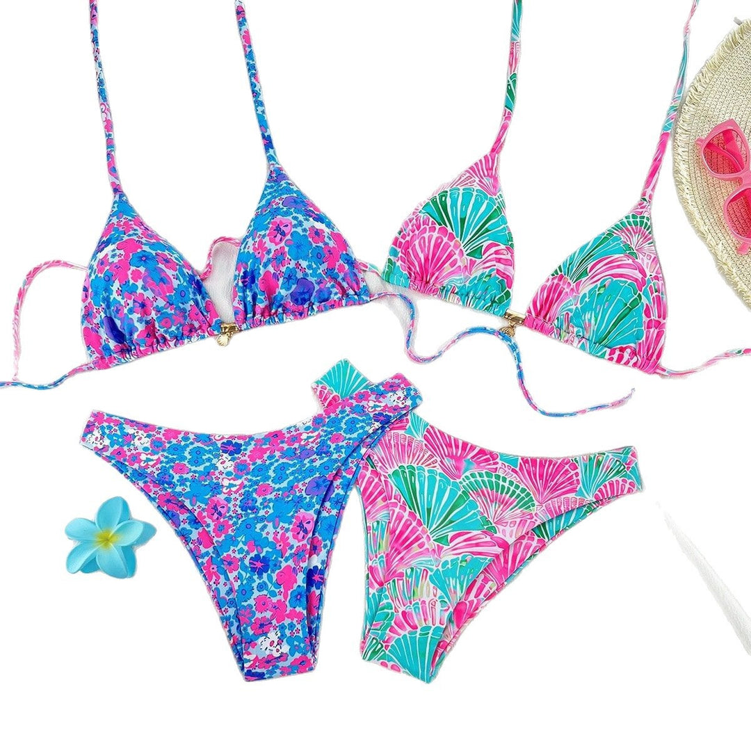 Damen Triangel-Bikini-Set mit verstellbaren Trägern und buntem Muster EB