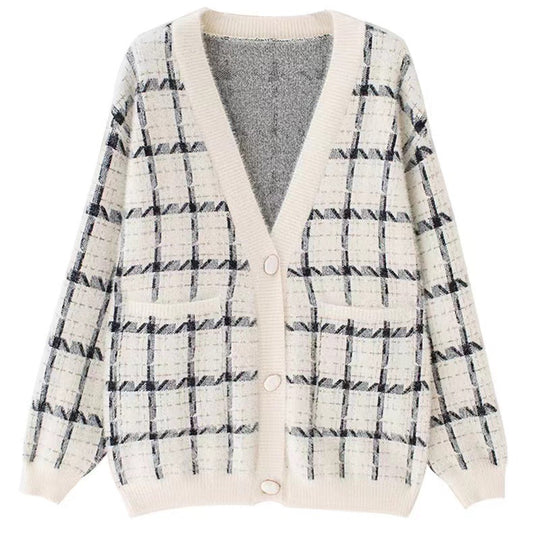 Damen Kuscheliger Oversized-Strickcardigan mit Karomuster EB