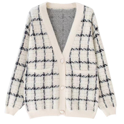 Damen Kuscheliger Oversized-Strickcardigan mit Karomuster EB