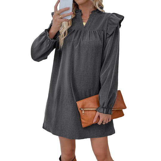 Damen lässiges Kleid mit Rüschendetails und langem Arm EB