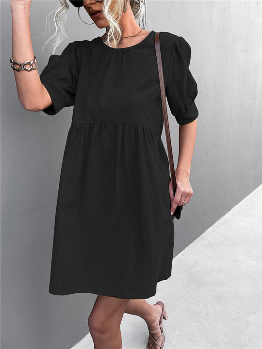 Damen lässiges Kurzarmkleid mit elastischem Bund und voluminösen Ärmeln EB