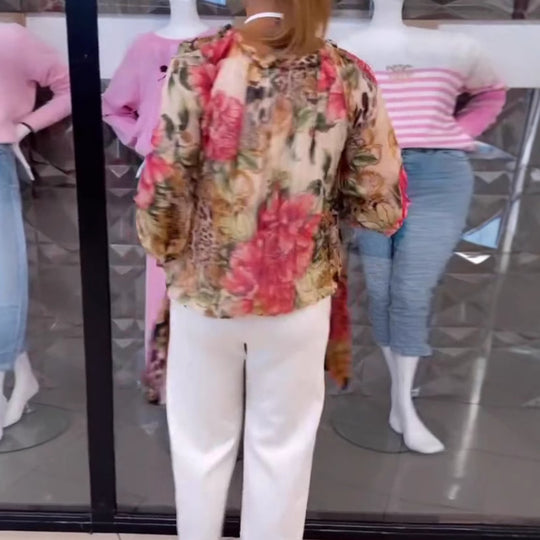 Damen nan leichte Satinbluse mit Animal- und Floralprint, Rüschenkragen, V-Ausschnitt und Manschettenärmeln EB