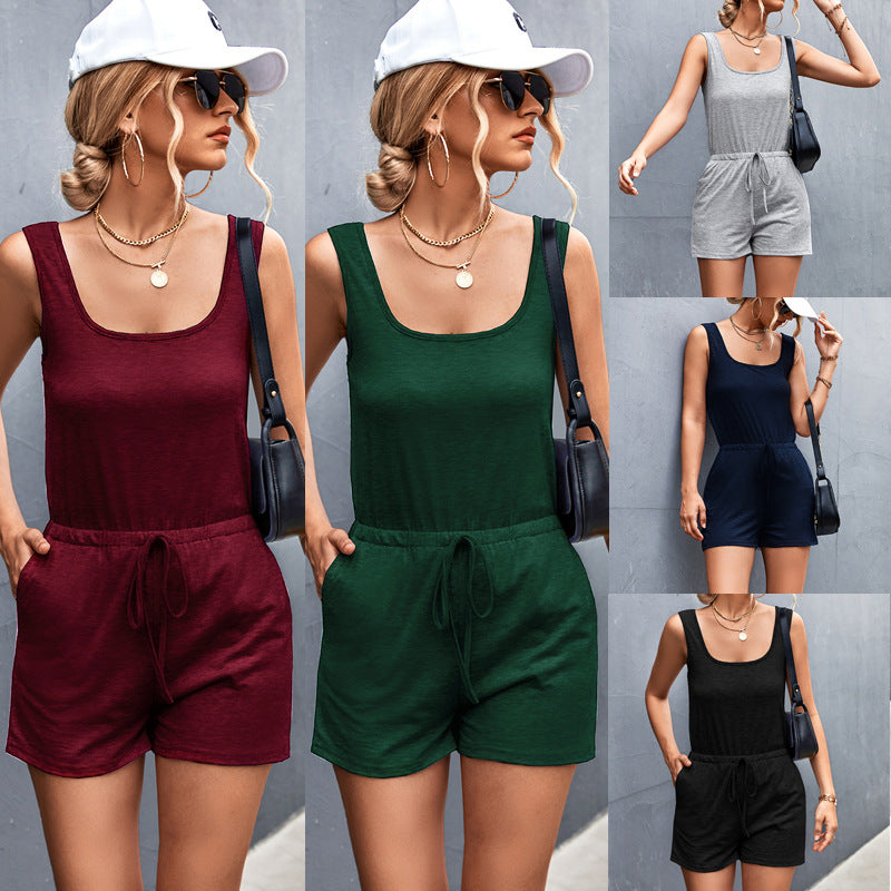 Damen Lässiger Jumpsuit mit verstellbarem Taillenzug und charmantem U-Ausschnitt EB