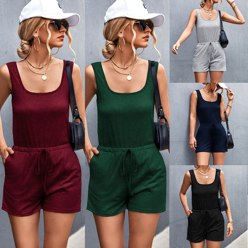 Damen Lässiger Jumpsuit mit verstellbarem Taillenzug und charmantem U-Ausschnitt EB