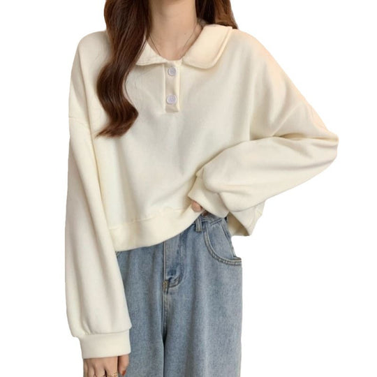 Damen Kurzarm Sweatshirt mit modischem Kragen und dekorativen Knöpfen EB