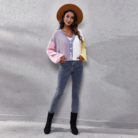 Damen Strickjacke mit buntem Farbblock-Design und weiten Ärmeln EB