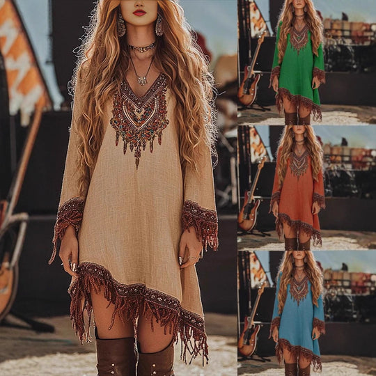 Damen Festival-Kleid mit kunstvollem Stickdesign und Fransen EB