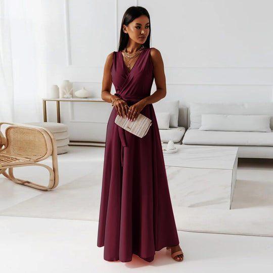 Damen Wickel-Maxikleid mit tiefem V-Ausschnitt und fließendem Schnitt EB