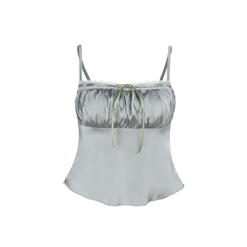 Damen elegantes Satin-Cami-Top mit Spitze und verstellbaren Trägern EB