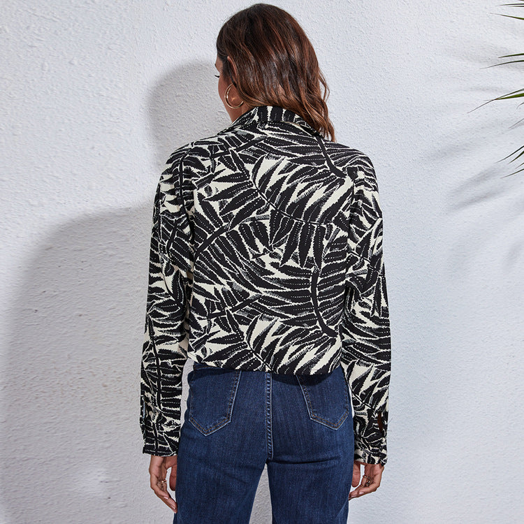 Damen Modische Bluse mit tropischem Blattmuster und lässigem Schnitt EB